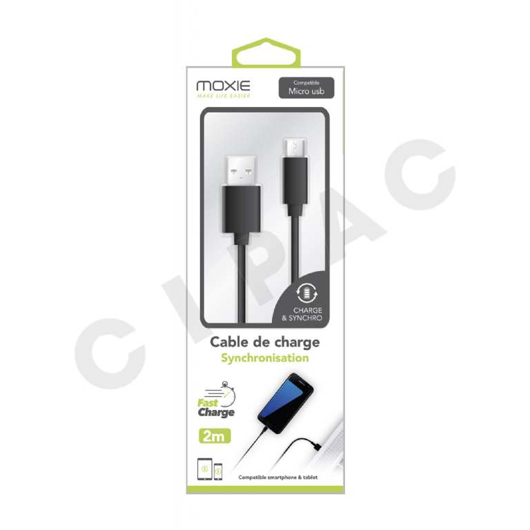 Cipac MOXIE - CABLE DATA LONG 2 MÉTRE COUL BLACK FOR MICRO USB SOUS BLISTER - DATAMICUSB2MBLIST
